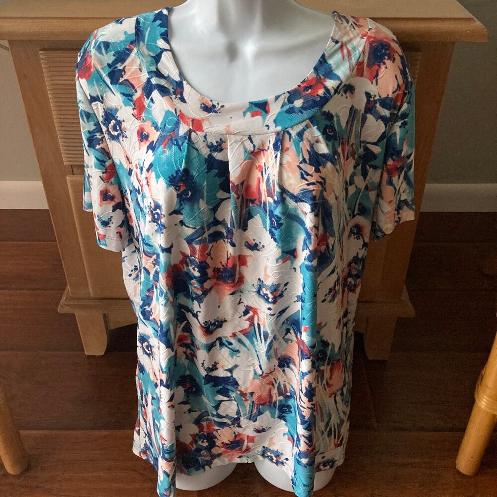 JM Collection Woman  Coral  Aqua Navy Cream Blouse 1X